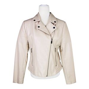 New York & Company Crème Faux Leather Off Center Zip Up Motorcycle Jacket Size S